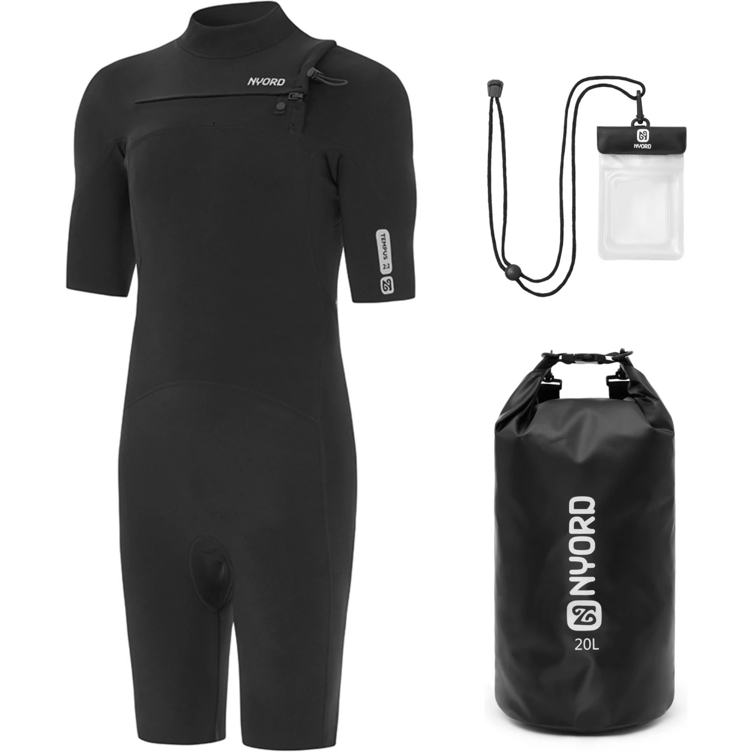 Mens Tempus 2/2mm Chest Zip Shorty Wetsuit & 20L Dry Bag & Key Case Bundle 3 Mens Tempus 2/2mm Chest Zip Shorty Wetsuit & 20L Dry Bag & Key Case Bundle